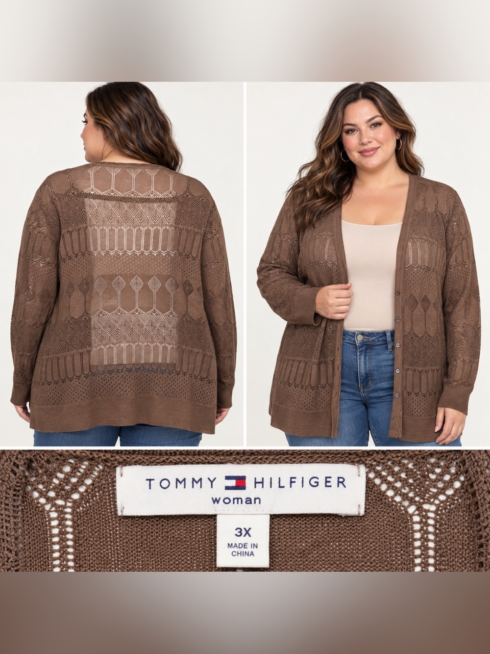 Tommy Hilfiger Women's Brown Openwork Knit Button-Front Cardigan